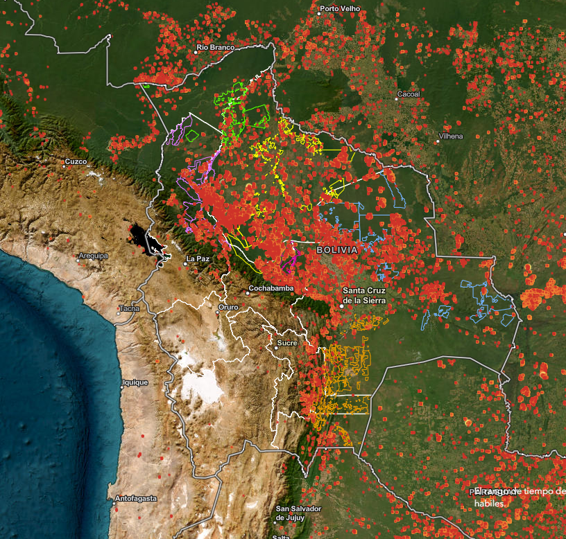 Focos de calor en territorios indígenas de tierras bajas de Bolivia